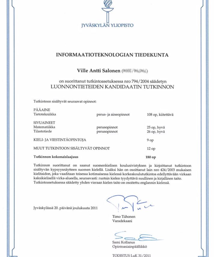 Buy college degree from The Jyväskylän yliopisto